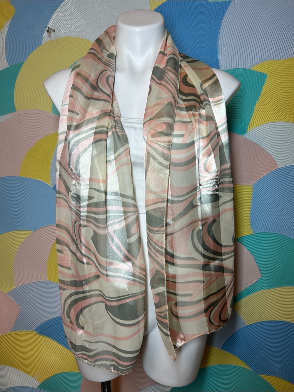 Sheer Swirl Print Long Scarf in Blush and Taupe